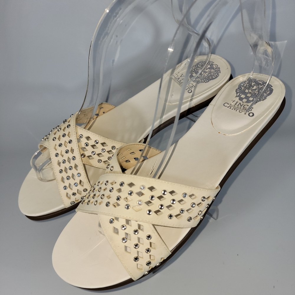 Vince Camuto Sandals 11 'Endana' Slides Ivory Leather Studded and Cut Out Detail